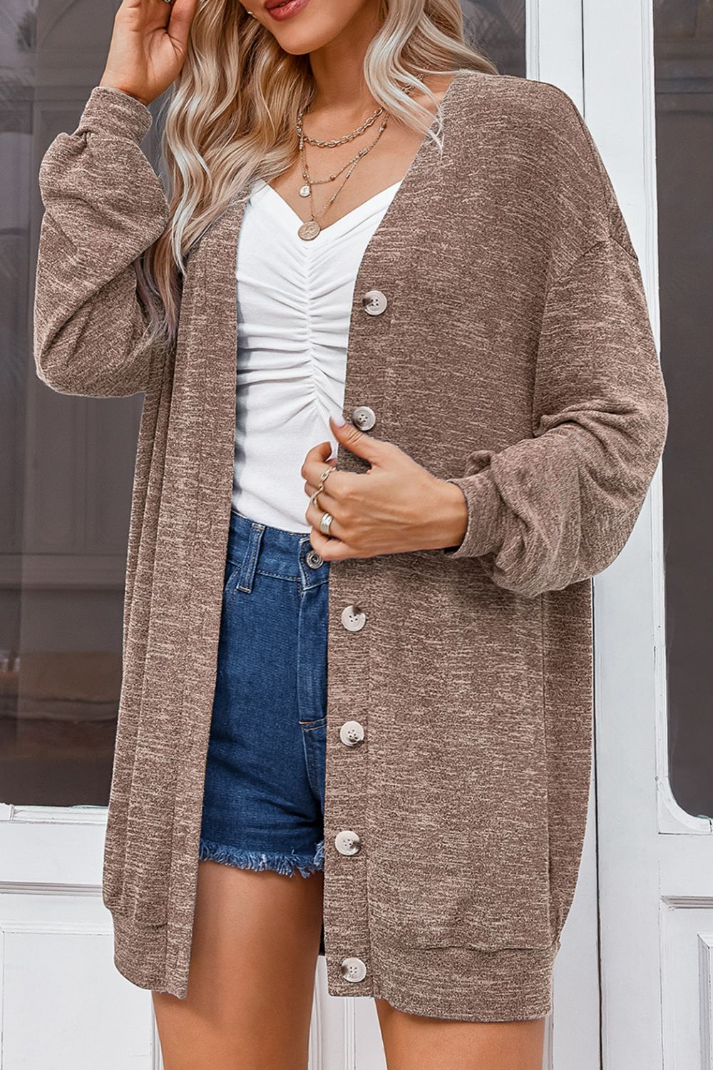 Heathered Button Down Dropped Shoulder V-Neck Cardigan