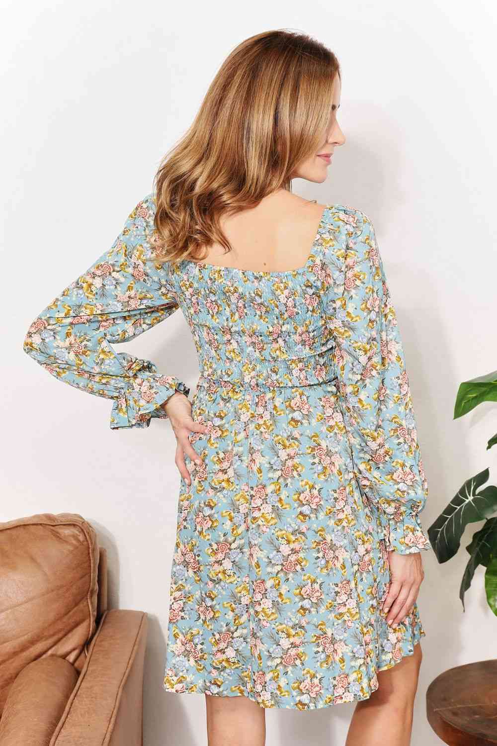 Double Take Floral Smocked Flounce Sleeve Square Neck Dress