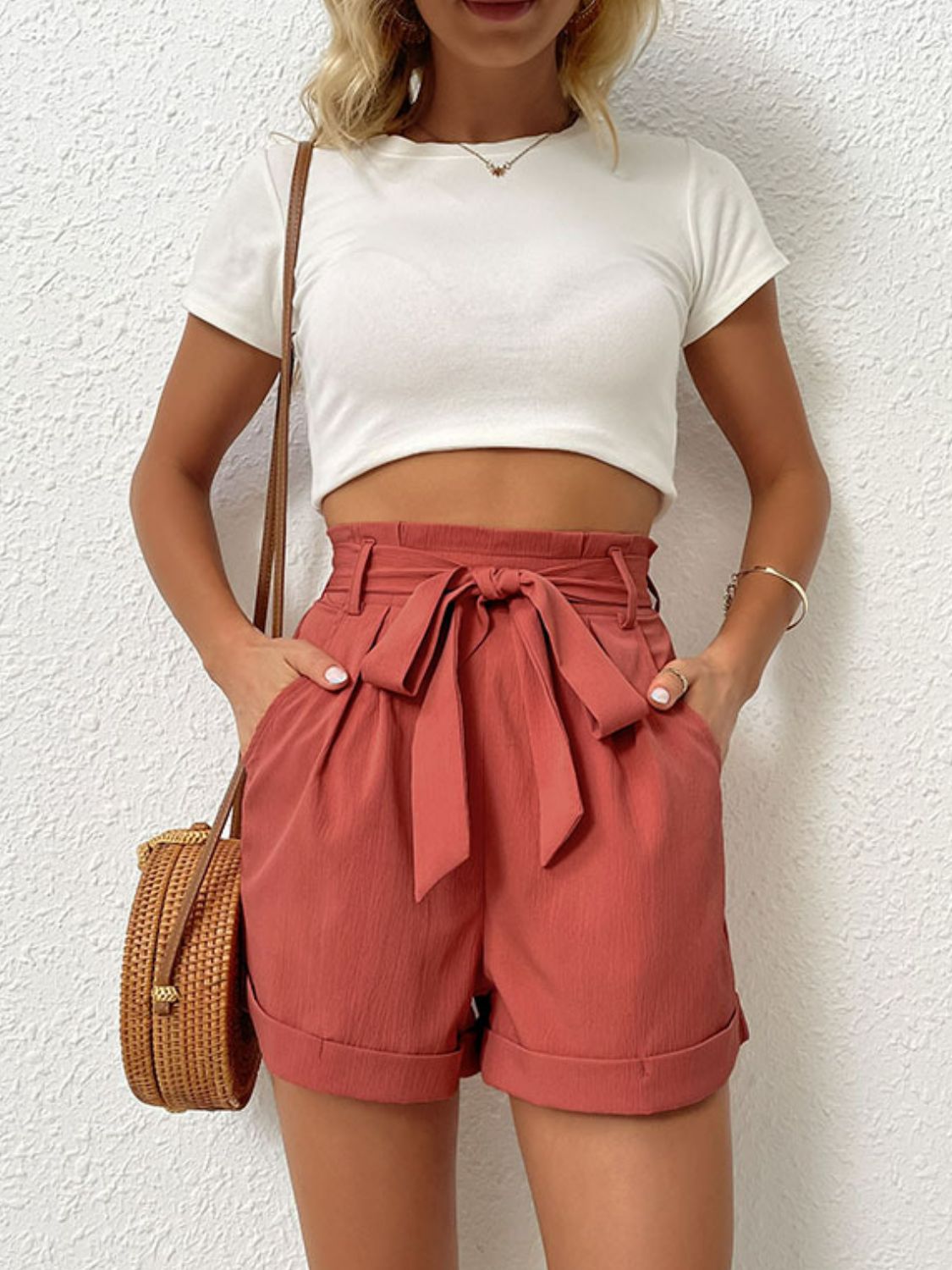 High Waist Belted Shorts with Pockets