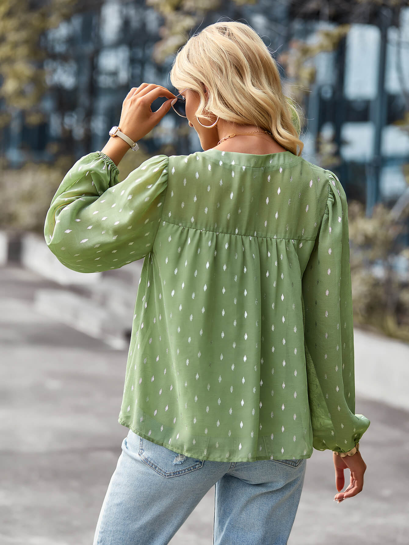 Printed Half Button Gathered Detail Blouse