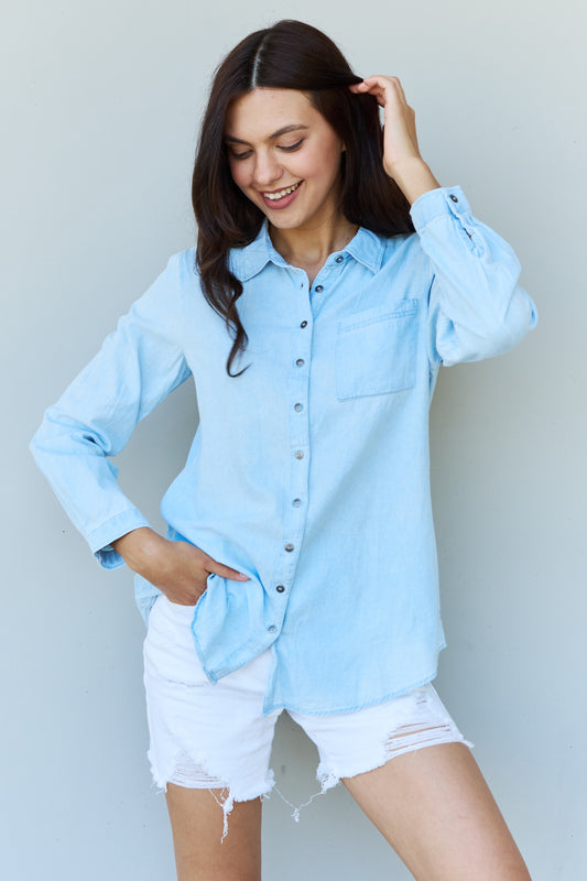 Baby Denim Button Down Shirt Top in Light Blue