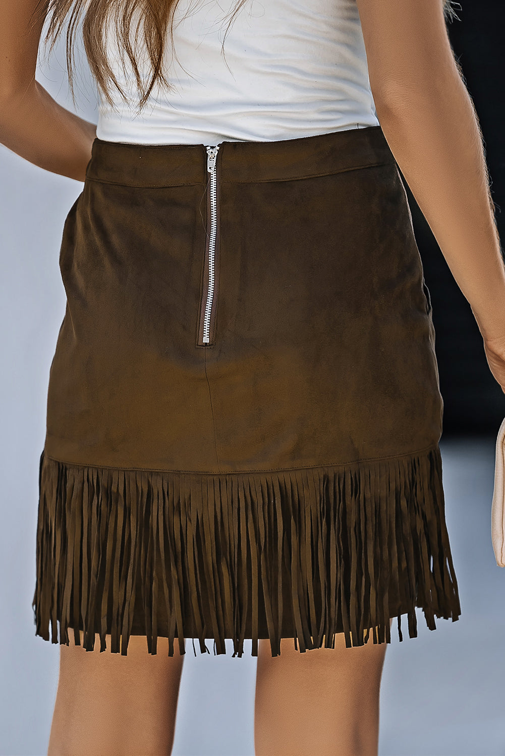 Fringe Detail Zip-Back Skirt with Pockets