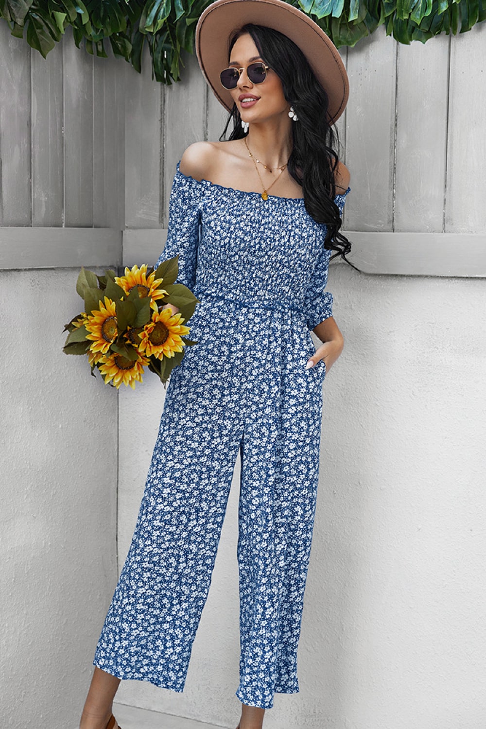 Ditsy Floral Off-Shoulder Wide Leg Jumpsuit