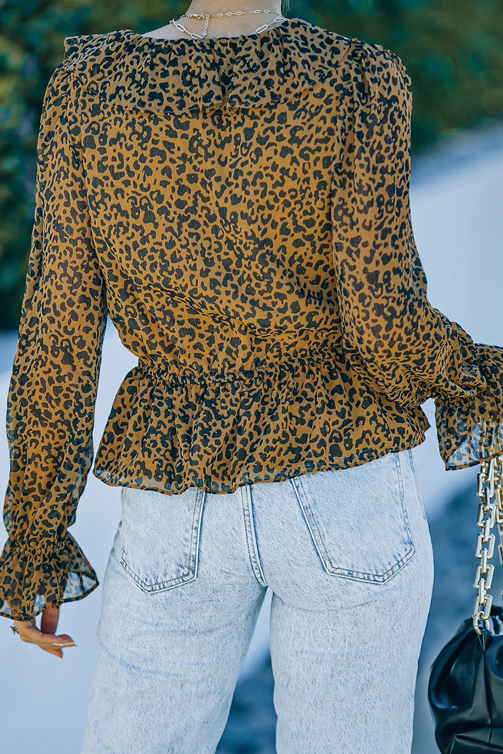 Leopard Ruffled V-Neck Peplum Blouse