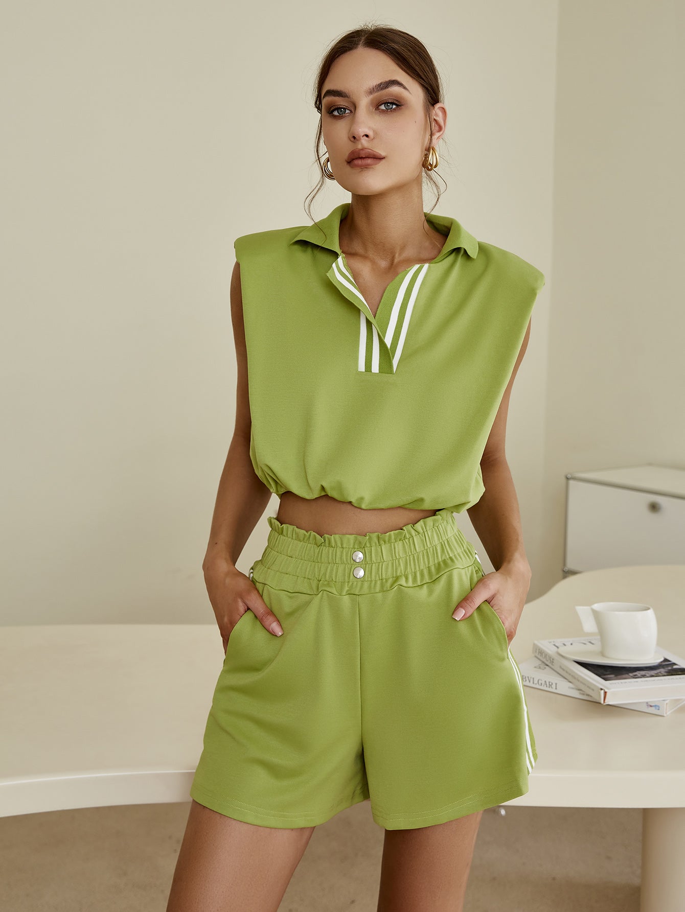 Striped Padded Shoulder Cropped Top and Paperbag Waist Shorts Set