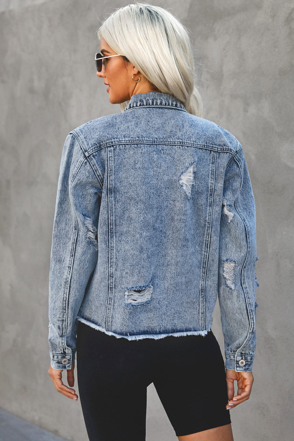 Turn Down Collar Cut-out Denim Jacket