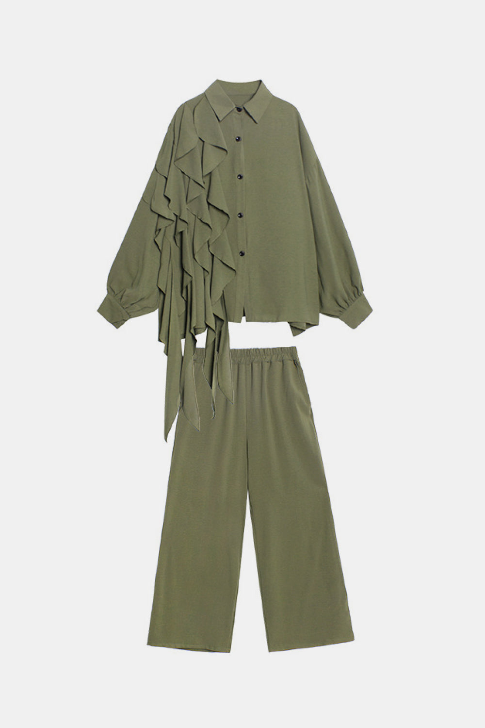 Ruffled Bishop Sleeve Top and Wide Leg Pants Set