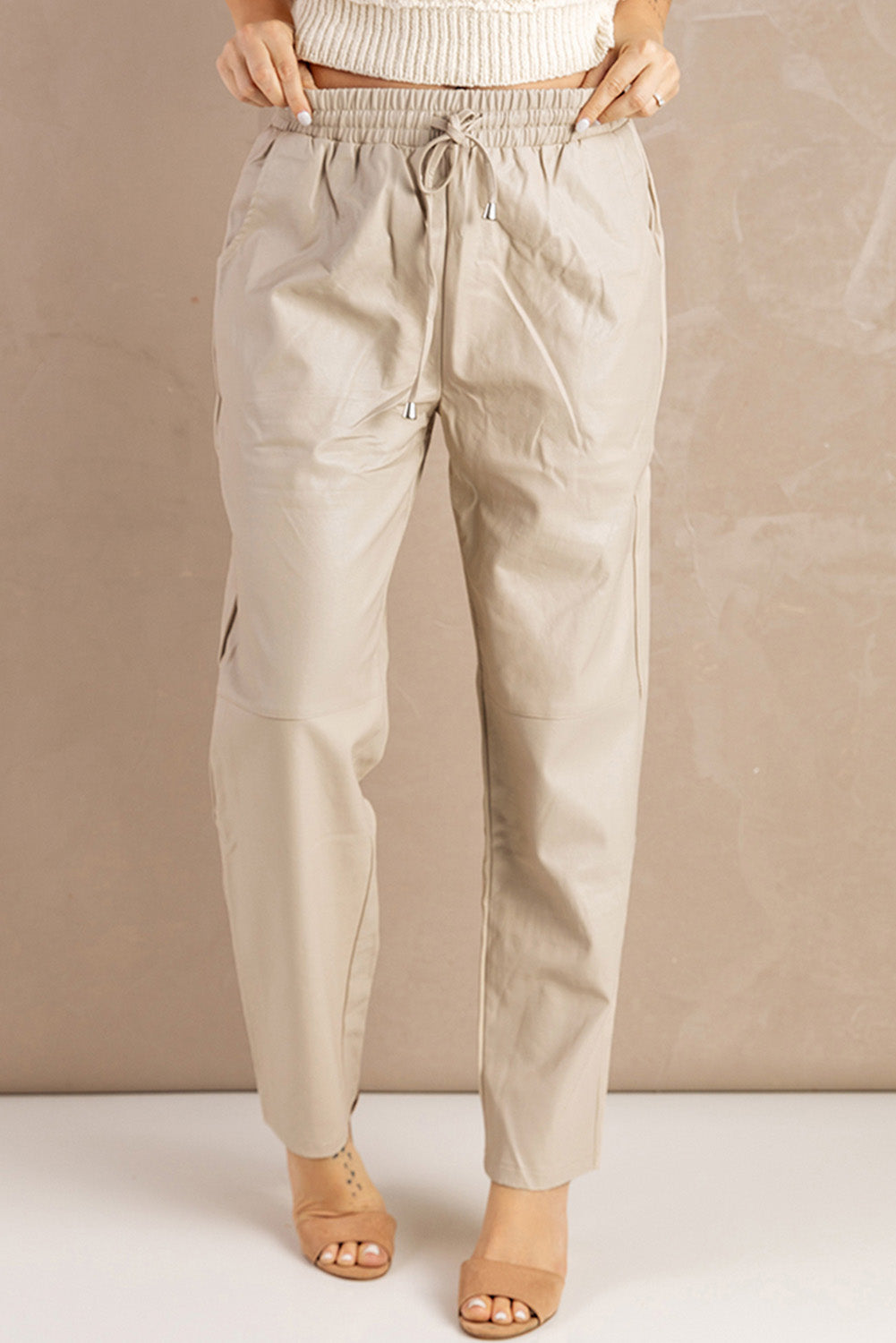 Drawstring Waist Straight PU Pants with Pockets