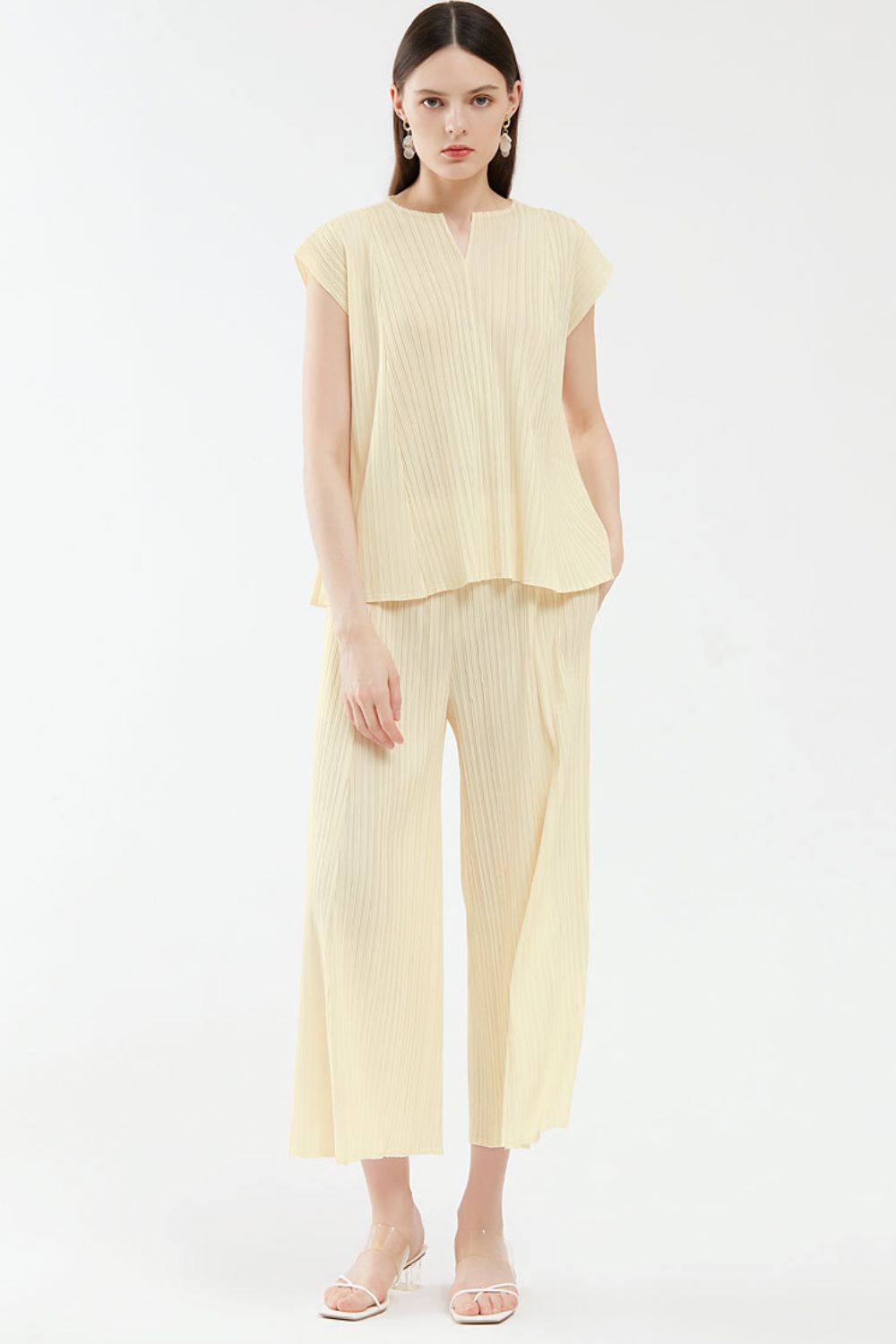 Accordion Pleated Notched Neck Top and Cropped Wide Leg Pants Set