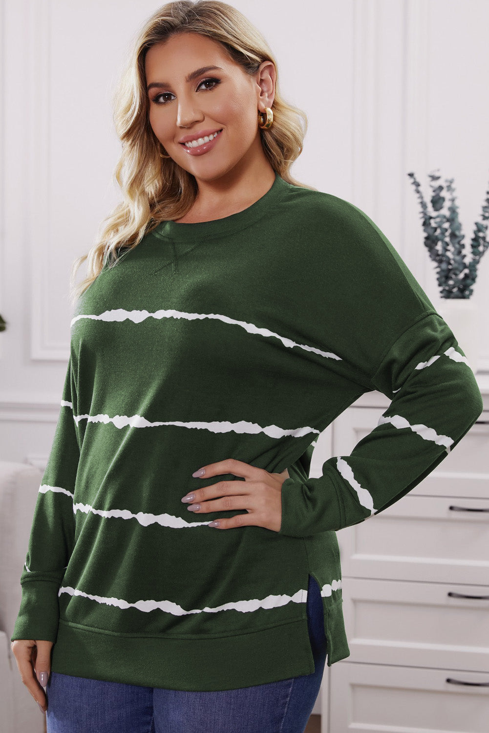 Plus Size Striped Side Slit Sweatshirt