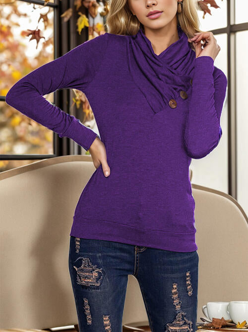 Buttoned Mock Neck Long Sleeve Blouse