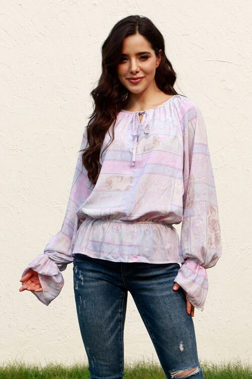 Printed Tie Neck Flounce Sleeve Blouse