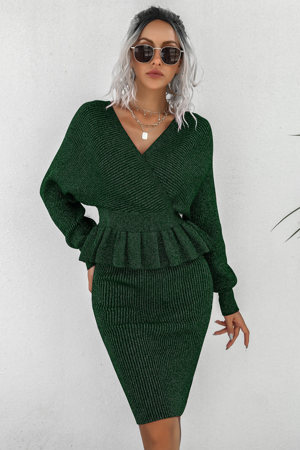 Peplum Dolman Sleeve Rib-Knit Top and Skirt Set