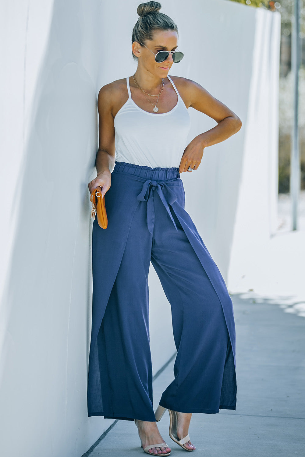 Paperbag Waist Tie Front Wide Leg Pants