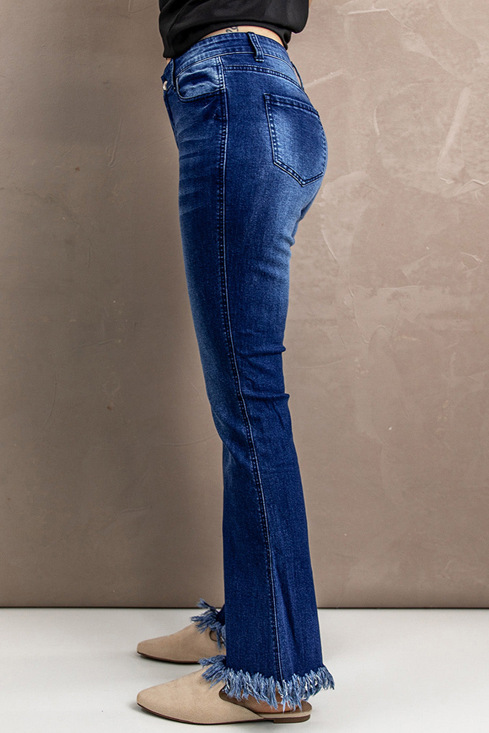 Raw Hem Flare Leg Jeans with Pockets