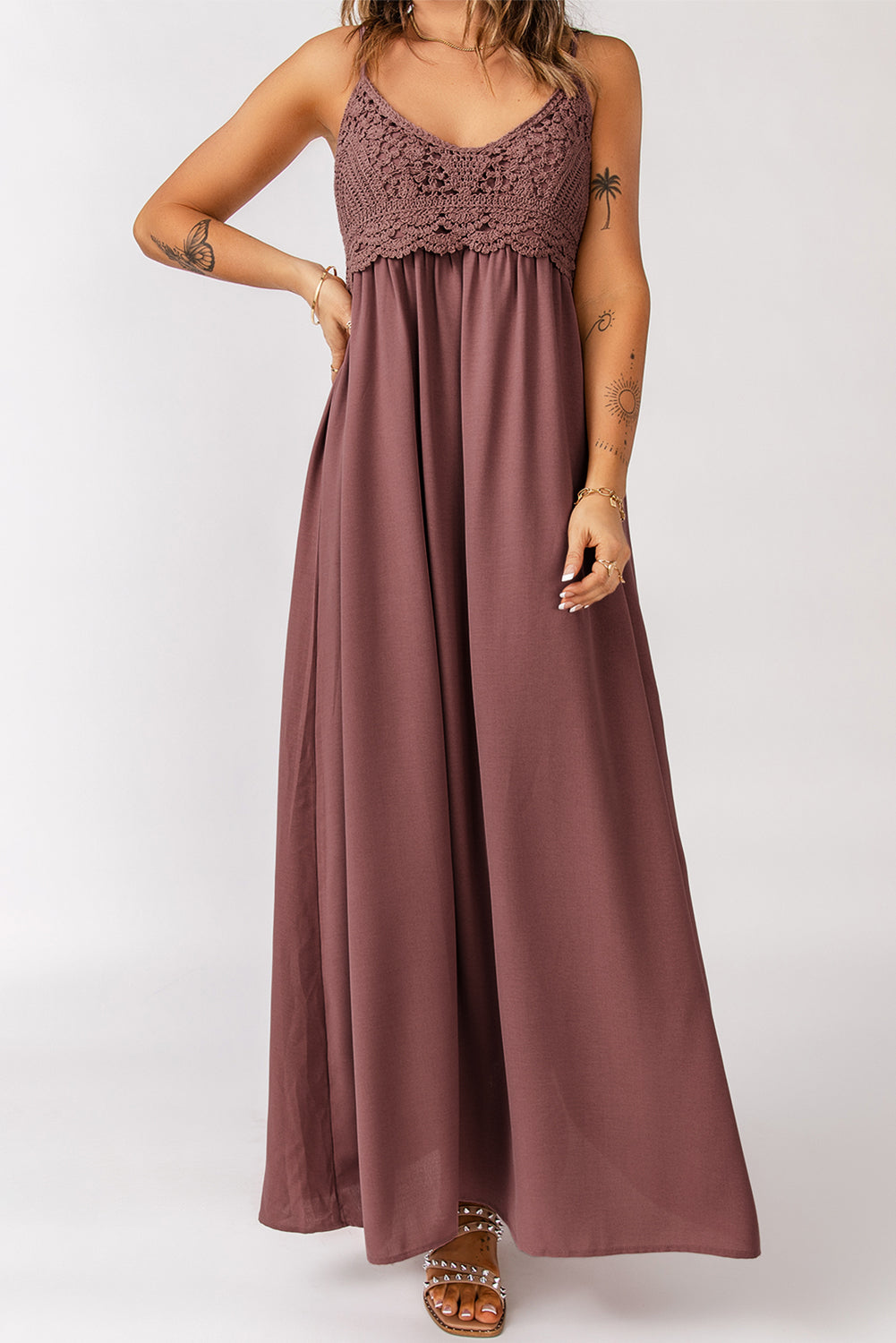 Smocked Crochet Adjustable Strap Maxi Dress