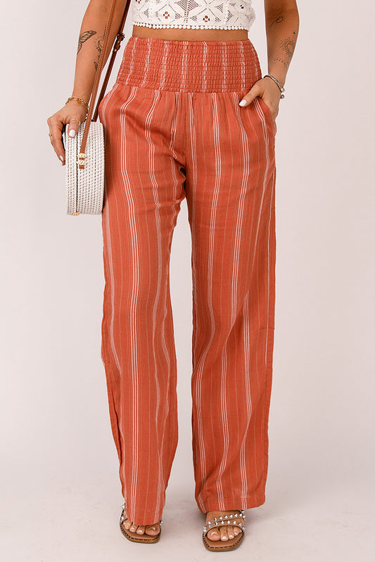 Striped High Waist Smocked Straight Leg Pants