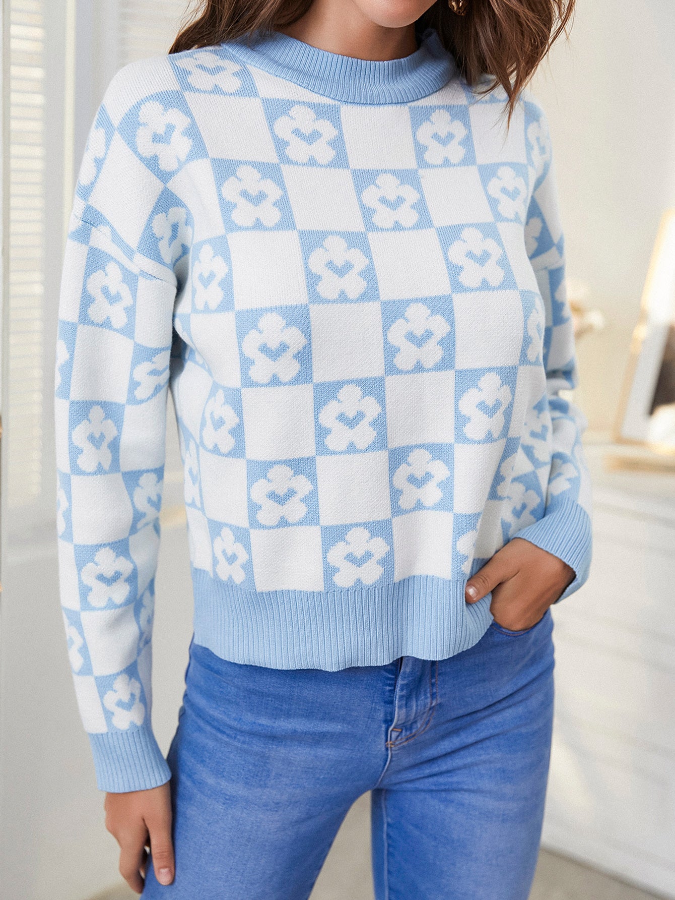 Checkerboard Ribbed Trim Crewneck Sweater