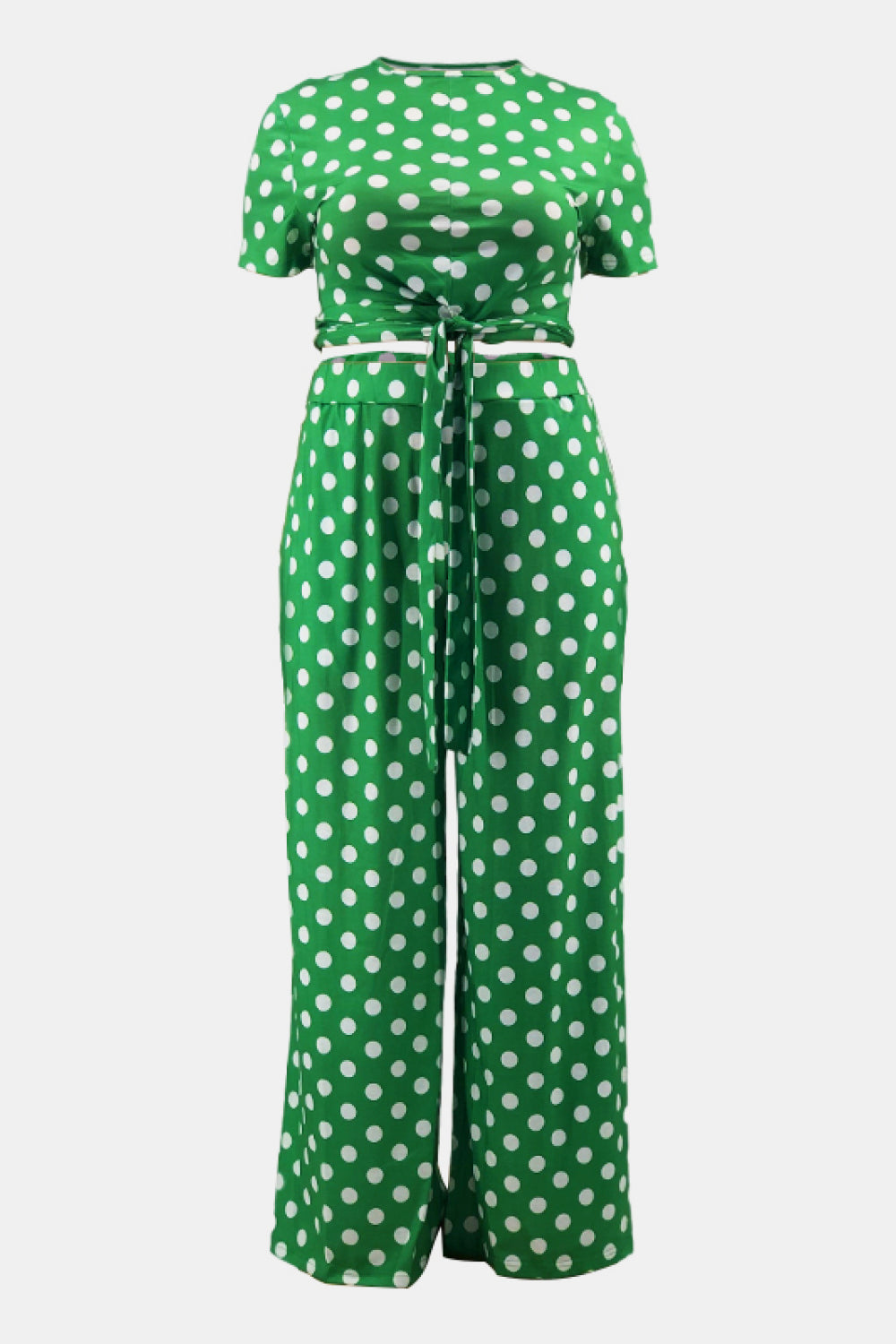 Plus Size Polka Dot Short Sleeve Top and Wide Leg Pants Set