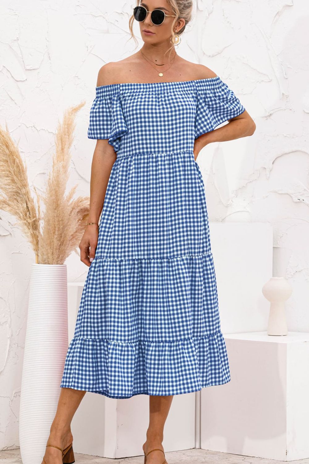 plaid off the shoulder midi dress PIPPA OFF THE SHOULDER DRESS POSSE