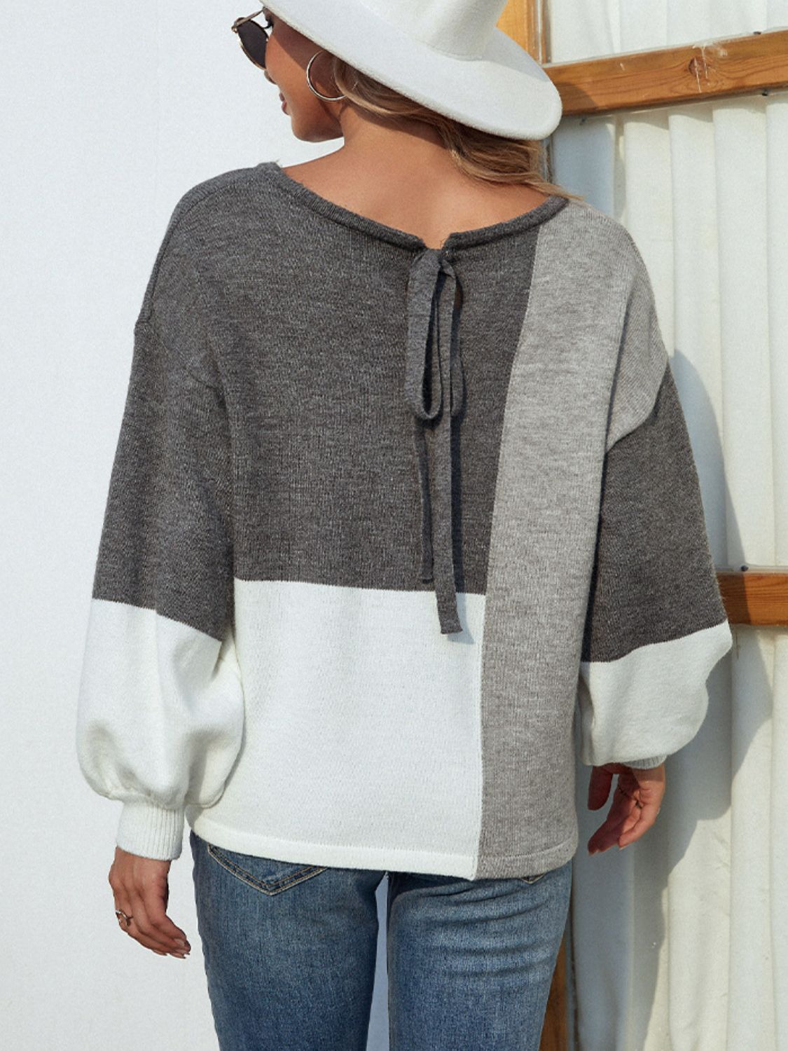 Color Block Tie Back Lantern Sleeve Sweater