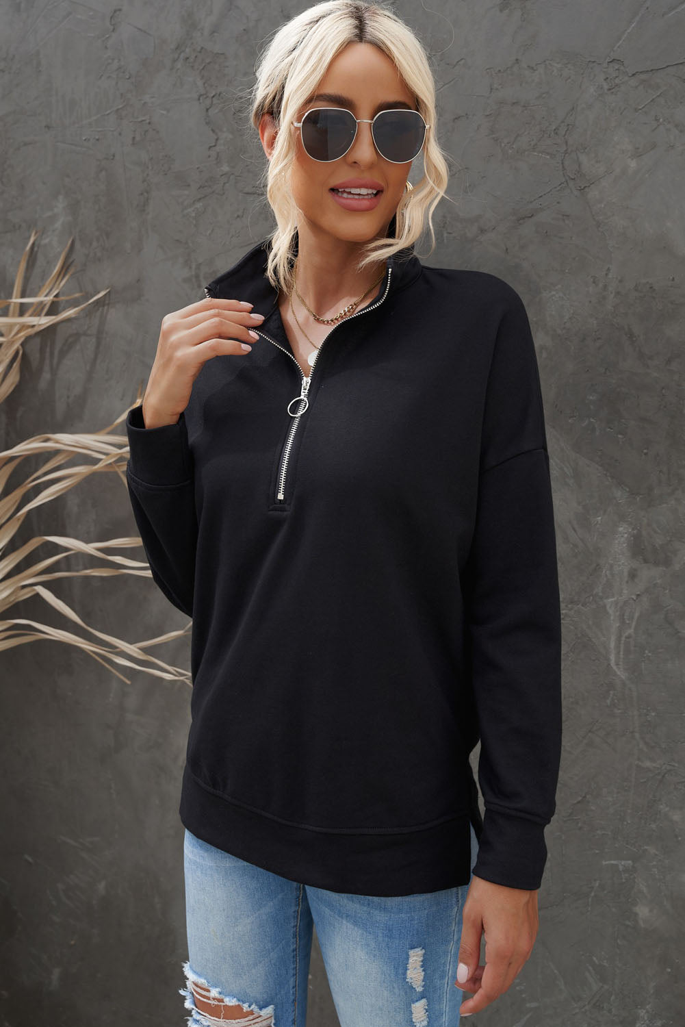 Quarter-Zip Dropped Shoulder Slit Sweatshirt