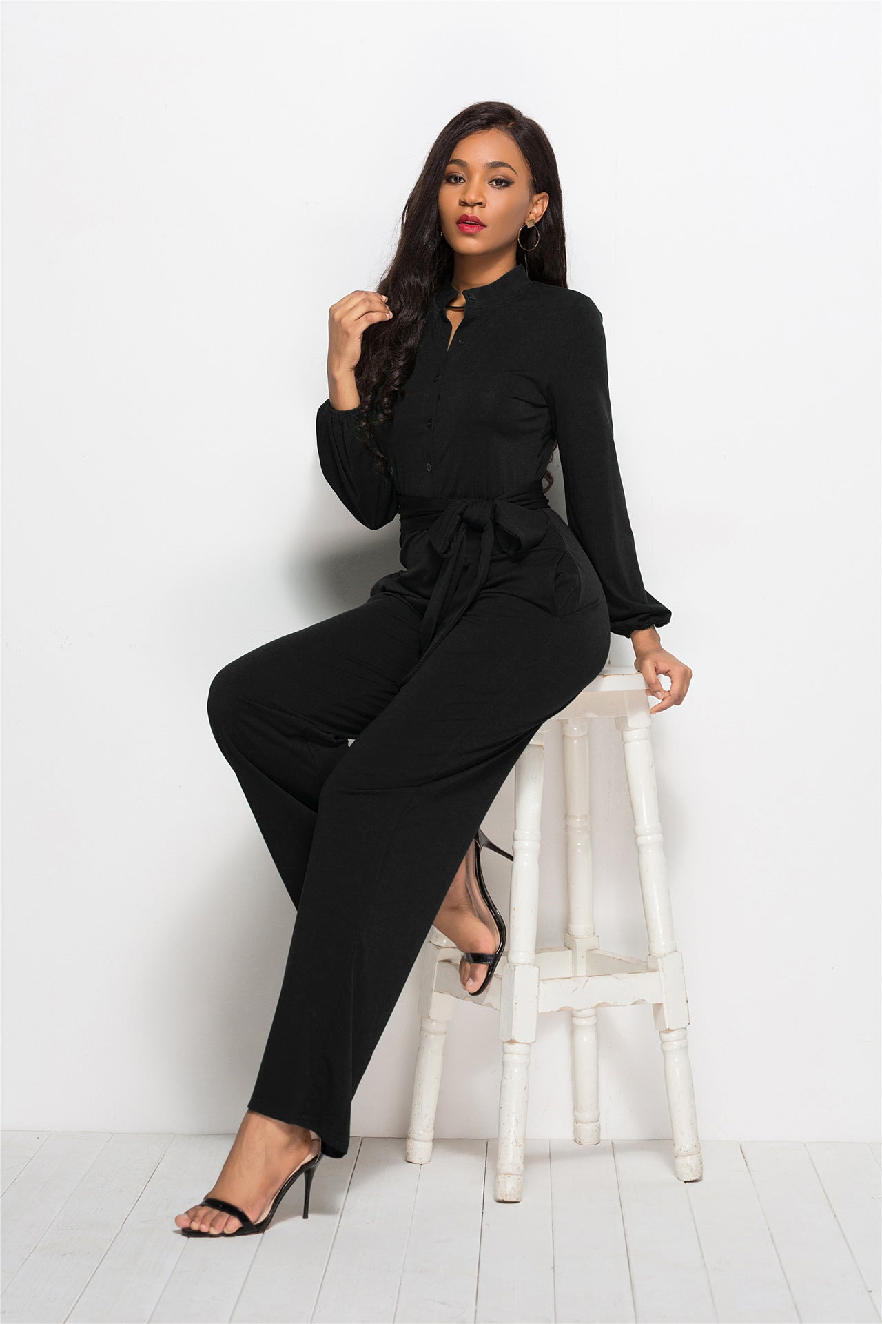 Collared Neck Button Belted Jumpsuit