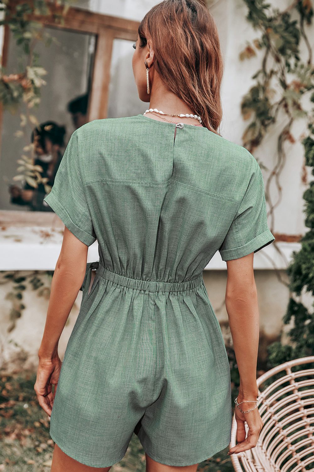 Tie Waist Cuffed Surplice Romper