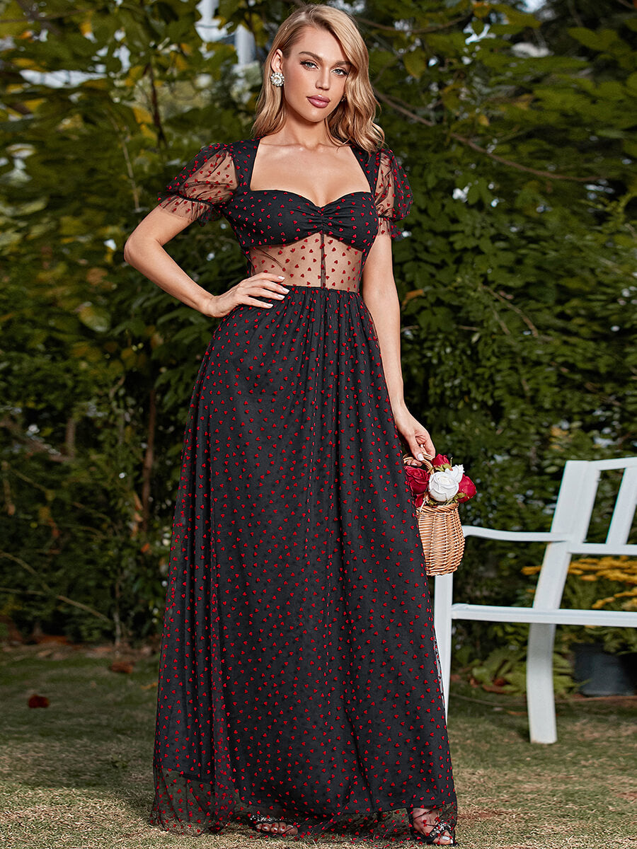 Printed Spliced Mesh Zip-Back Maxi Dress