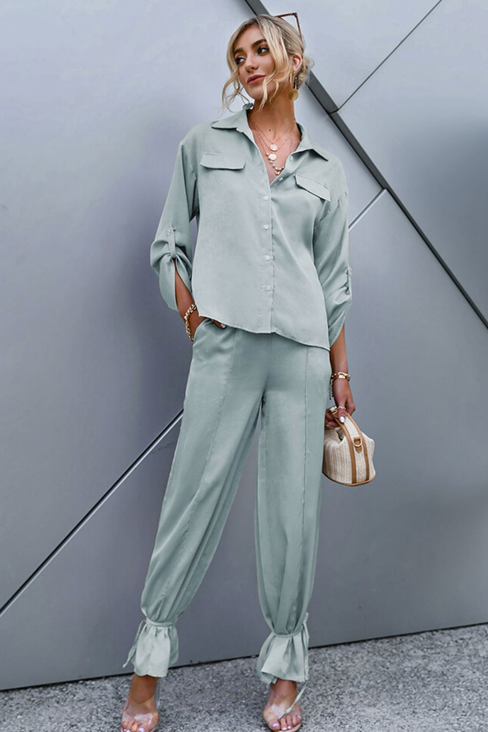 Roll-Tab Sleeve Shirt and Ankle-Tie Pants Set