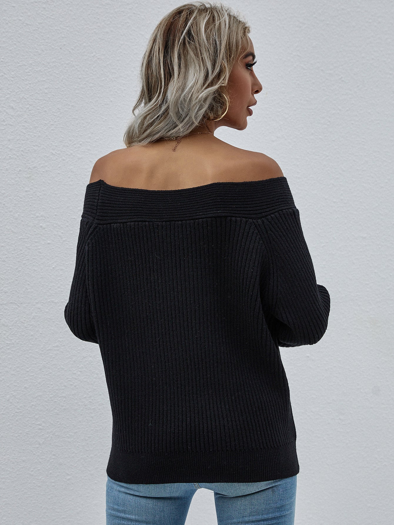 Off-Shoulder Rib-Knit Sweater – Anchor Blue Jeans