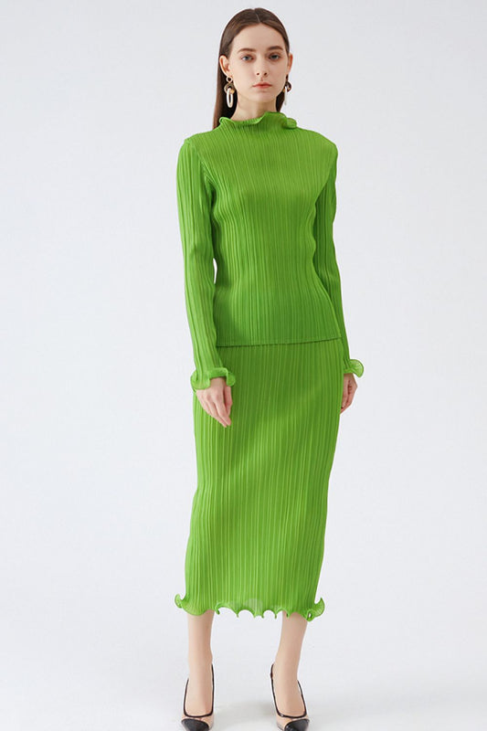 Lettuce Trim Accordion Pleated Top and Skirt Set