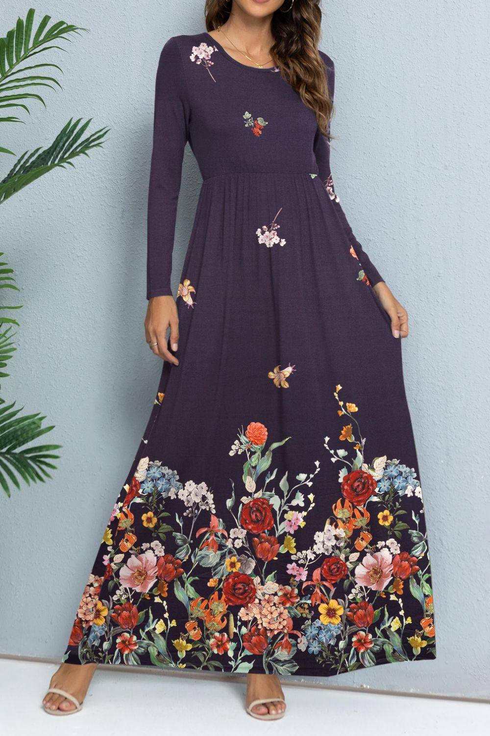 Floral Long Sleeve Round Neck Maxi Dress