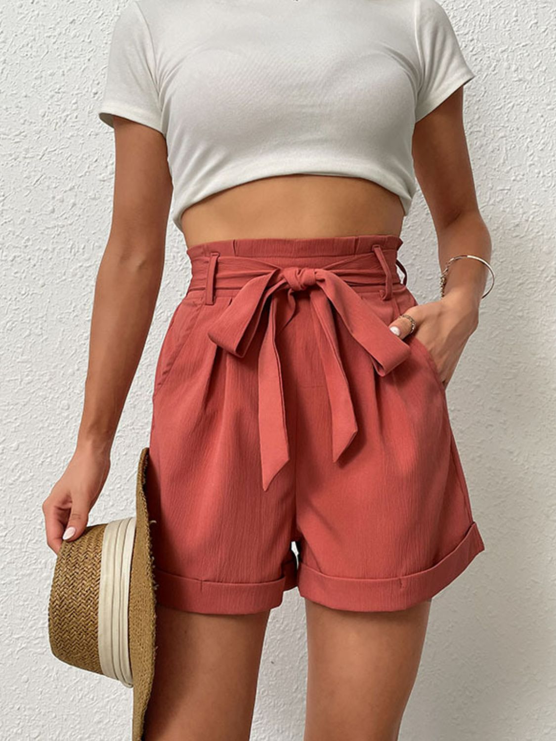 High Waist Belted Shorts with Pockets