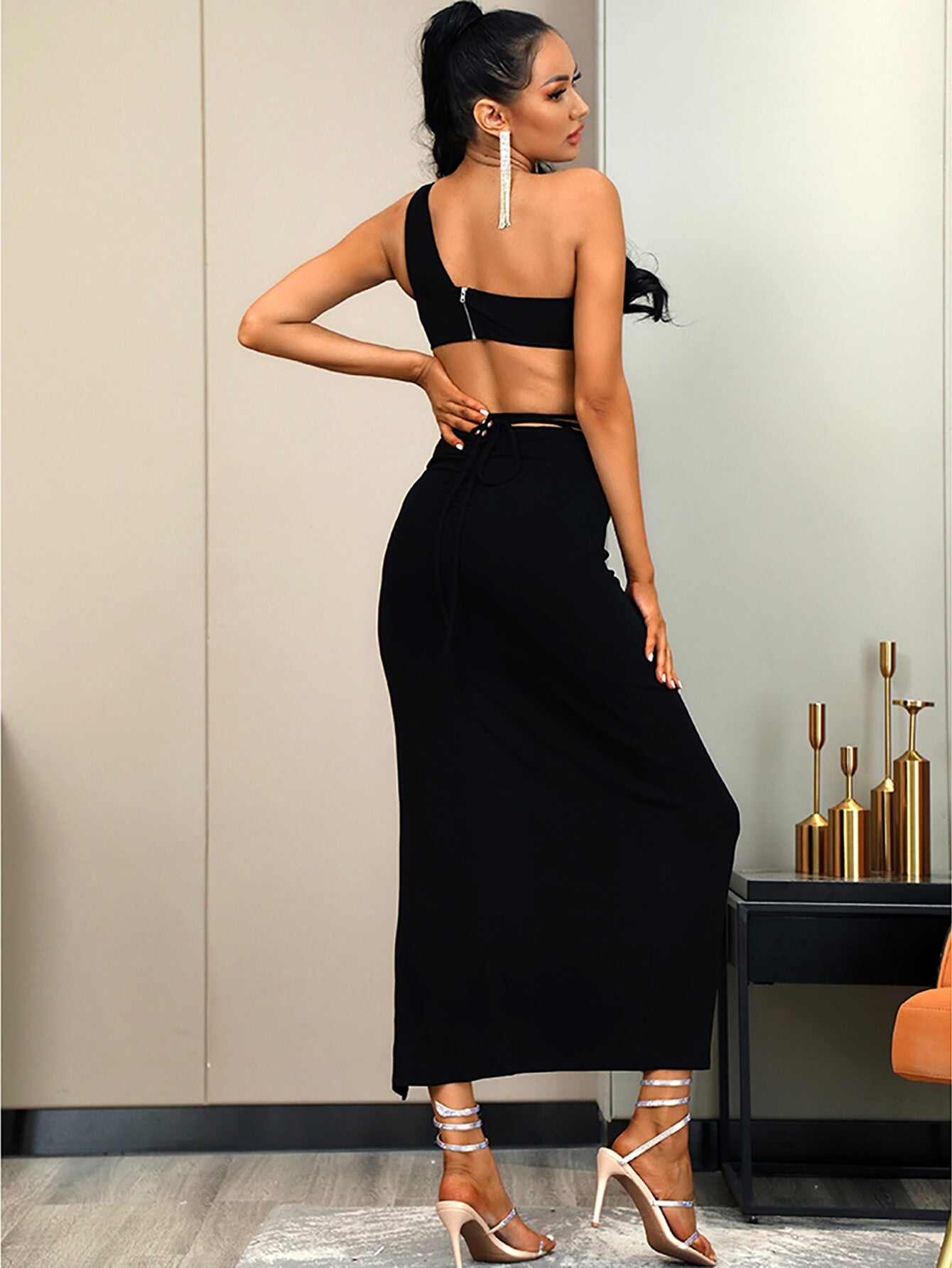 One-Shoulder Cropped Top and Split Skirt Set