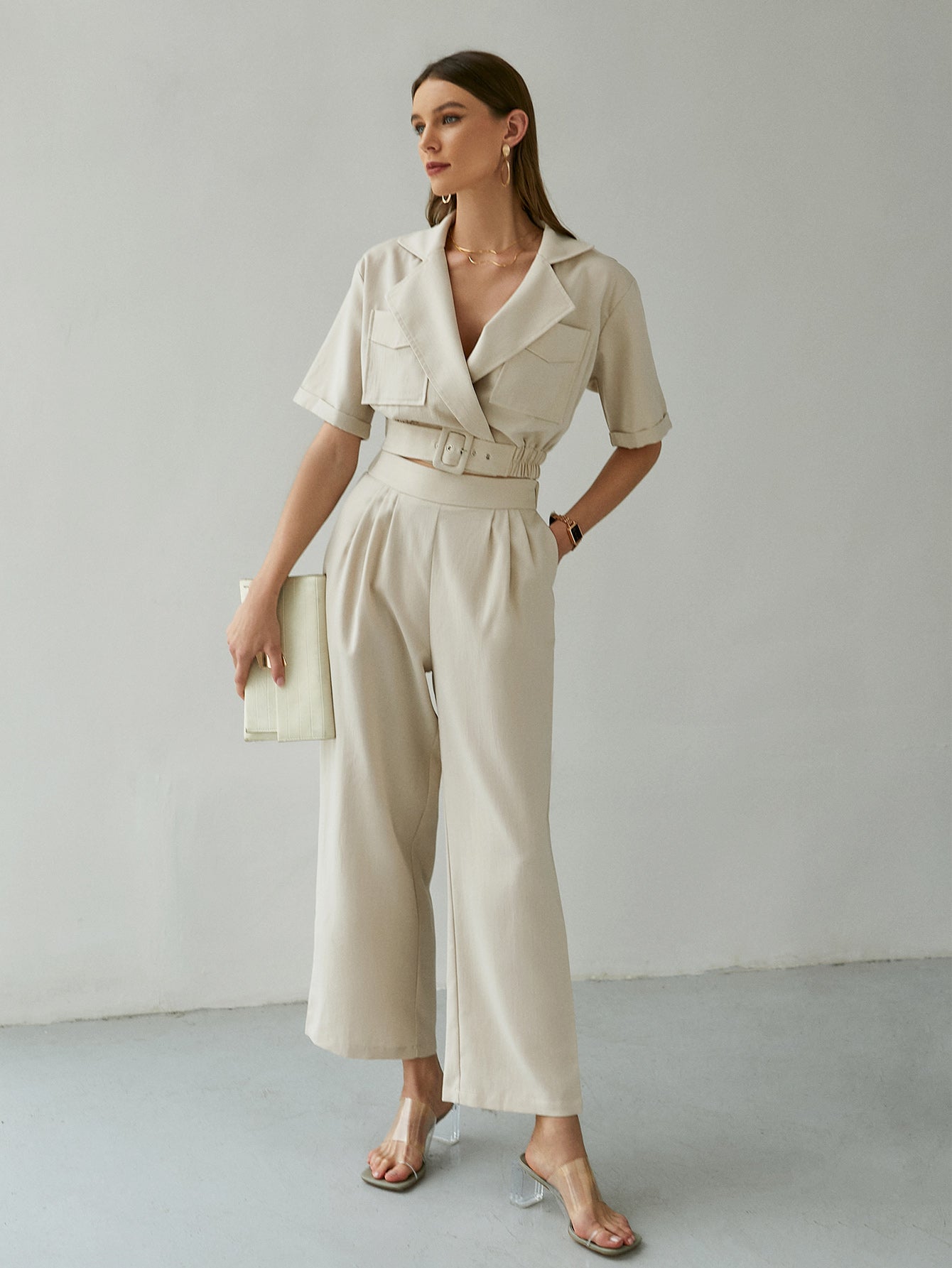 Belted Detail Cropped Blazer and Pants Set