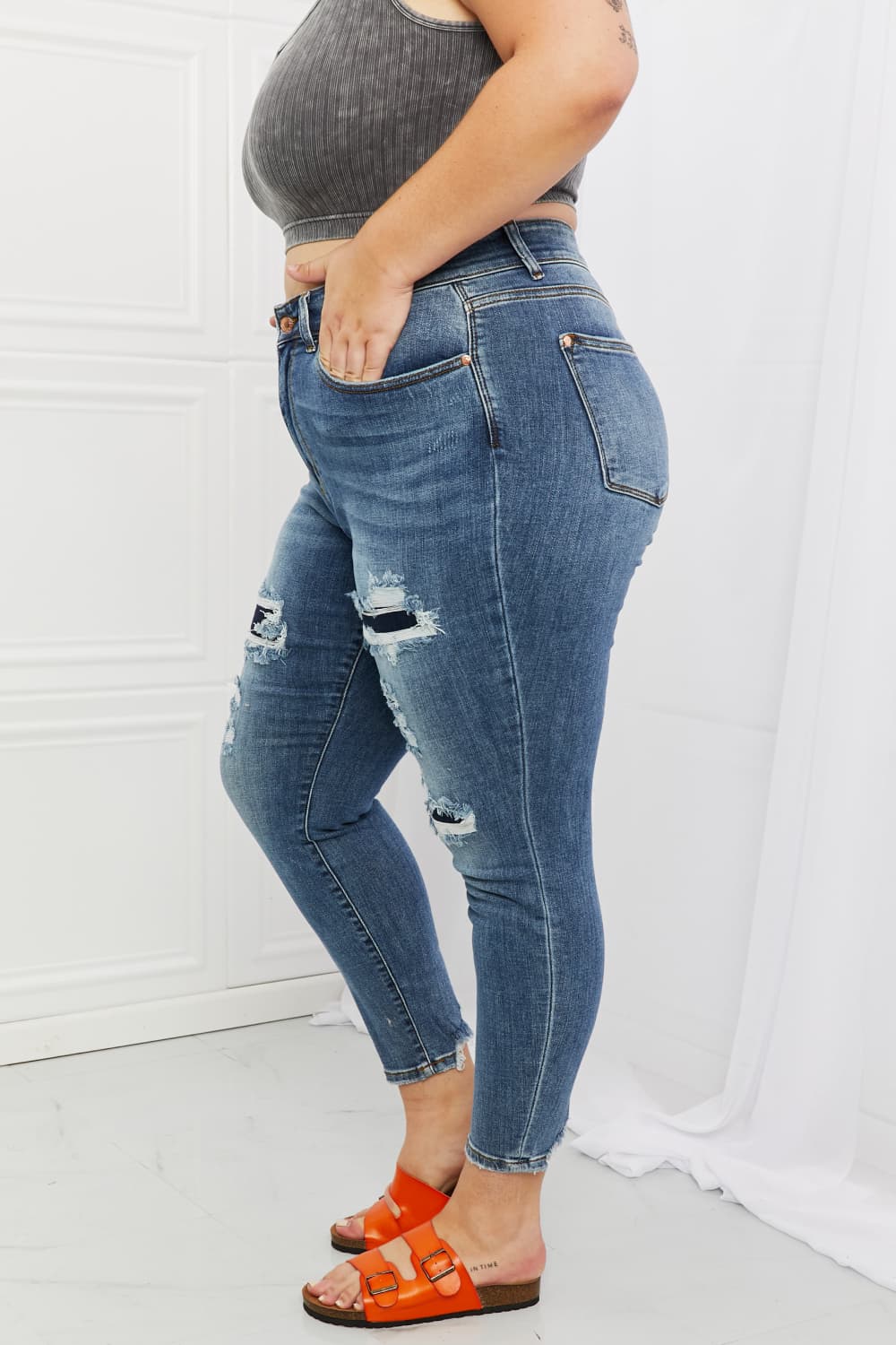 Dahlia Full Size Distressed Patch Jeans