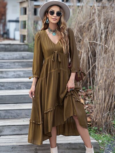 Ruched Frill Long Sleeve Tiered Dress