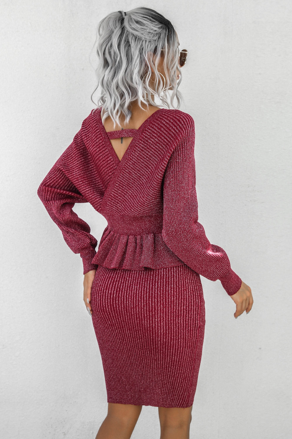 Peplum Dolman Sleeve Rib-Knit Top and Skirt Set