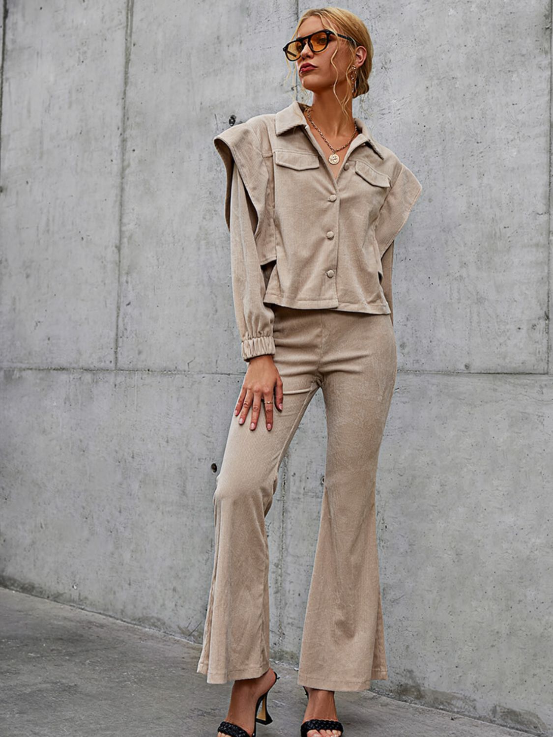 Button Front Corduroy Top and Flare Pants Set