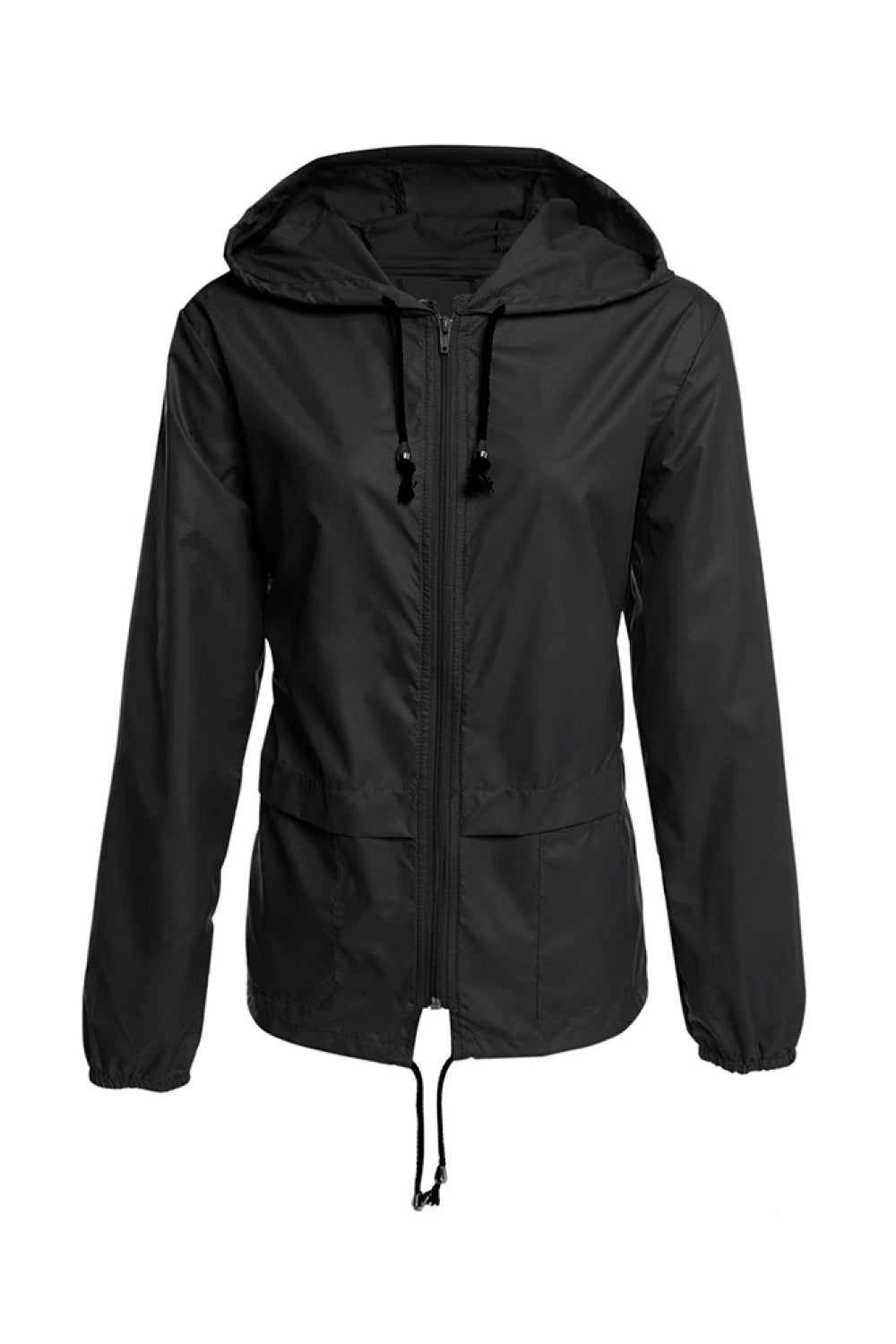 Hooded Drawstring Zip Front Windbreaker