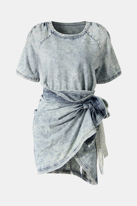 Acid Wash Denim T-Shirt and Side Tie Skirt Set