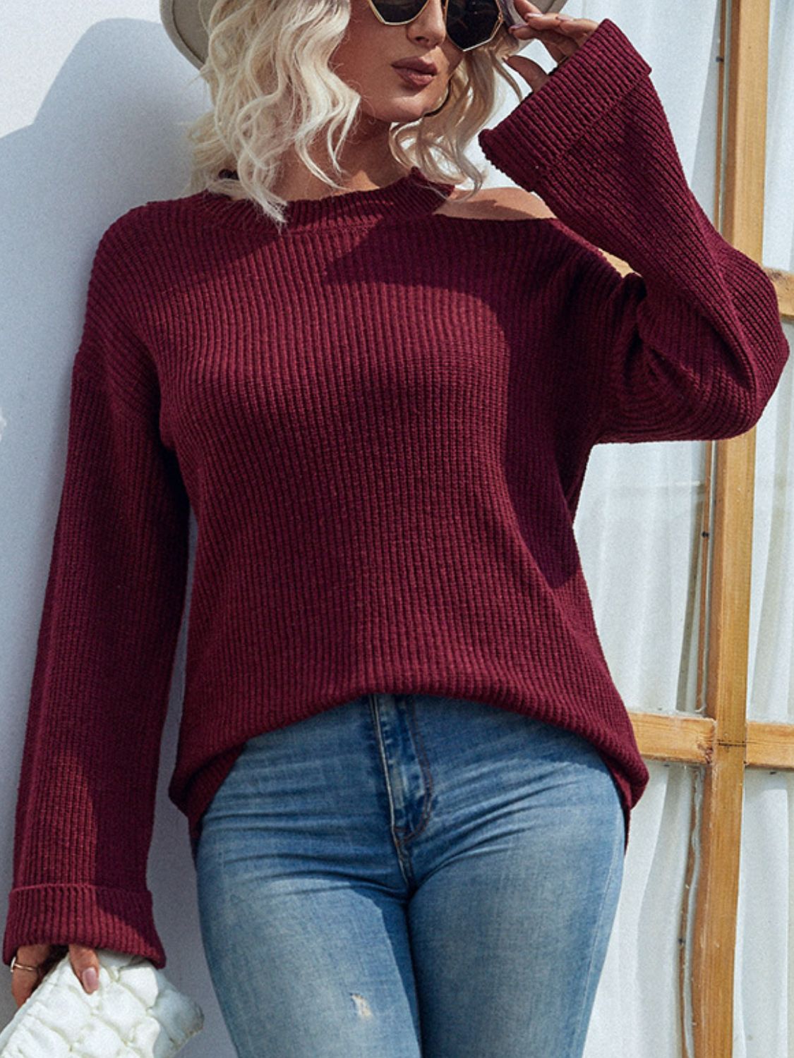 Rib-Knit Cutout Flare Sleeve Sweater