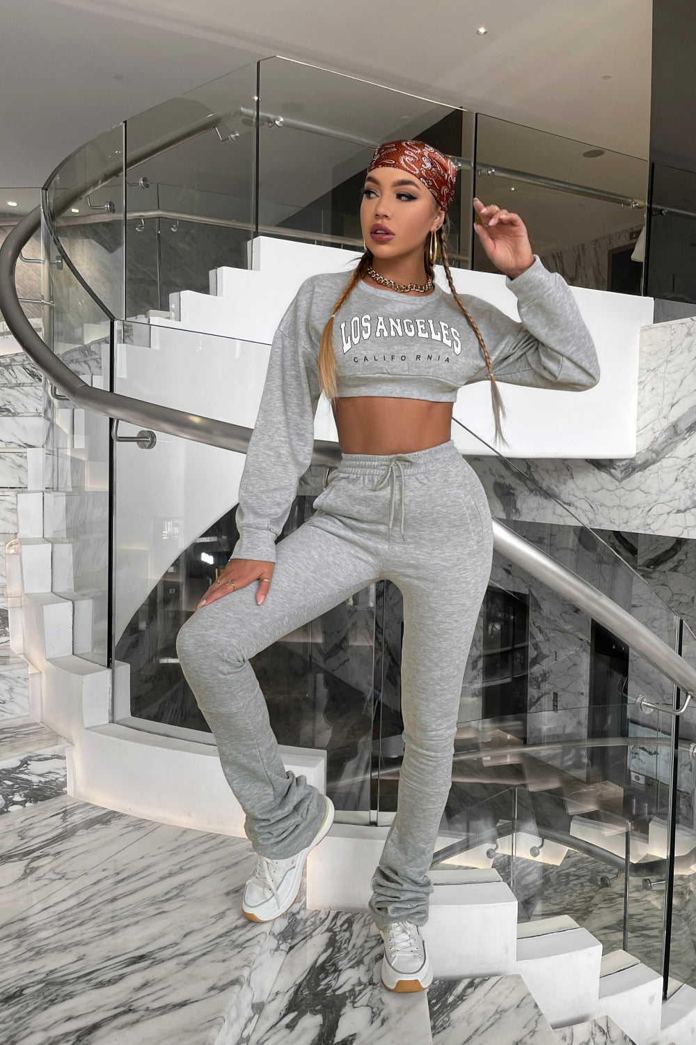 Graphic Dropped Shoulder Cropped Top and Stacked Pants Set