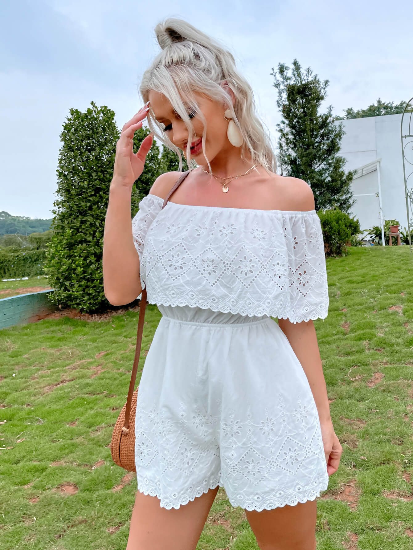 Off-Shoulder Eyelet Fold-Over Romper