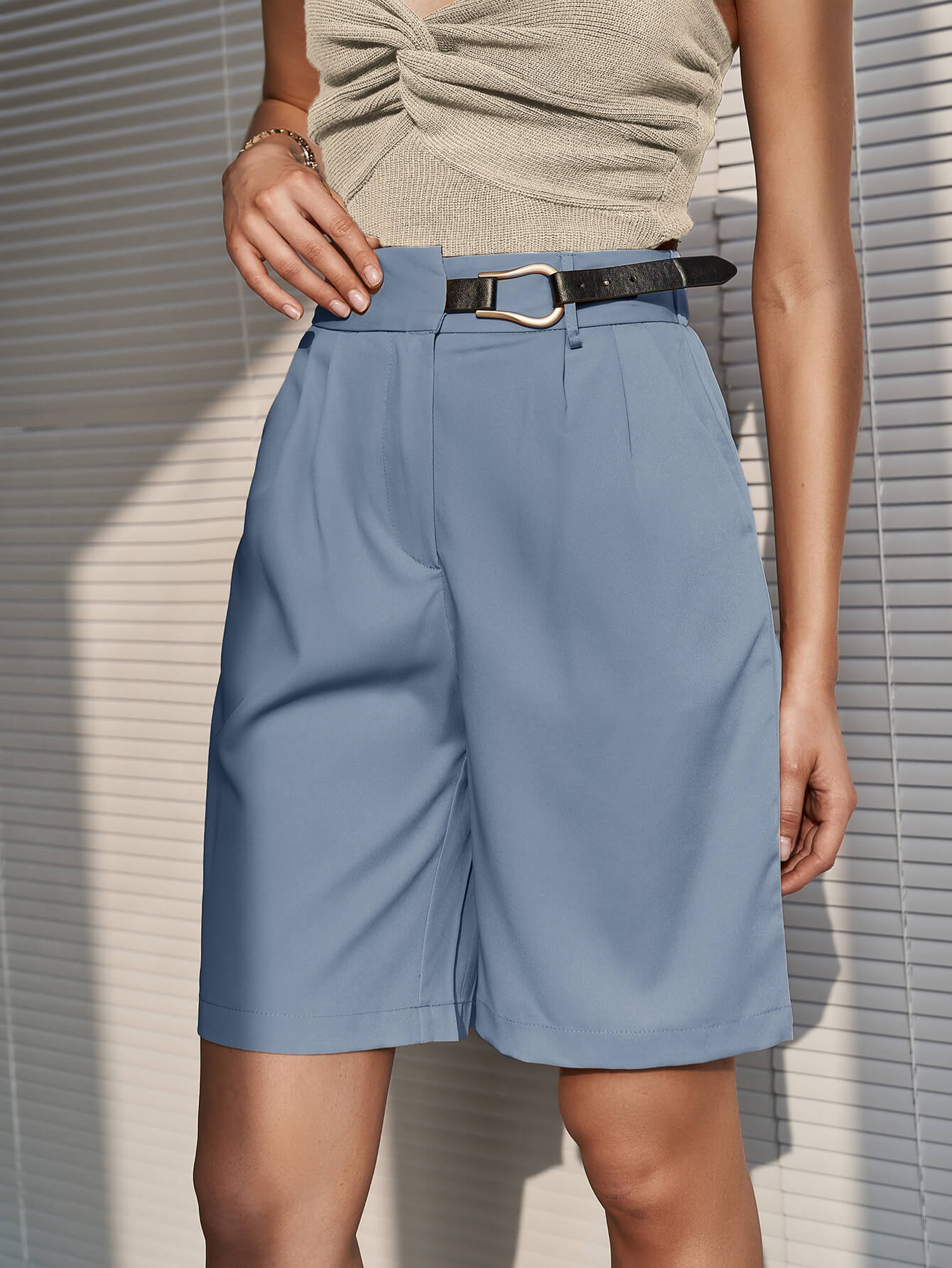 Belted Detail Bermuda Shorts with Pockets