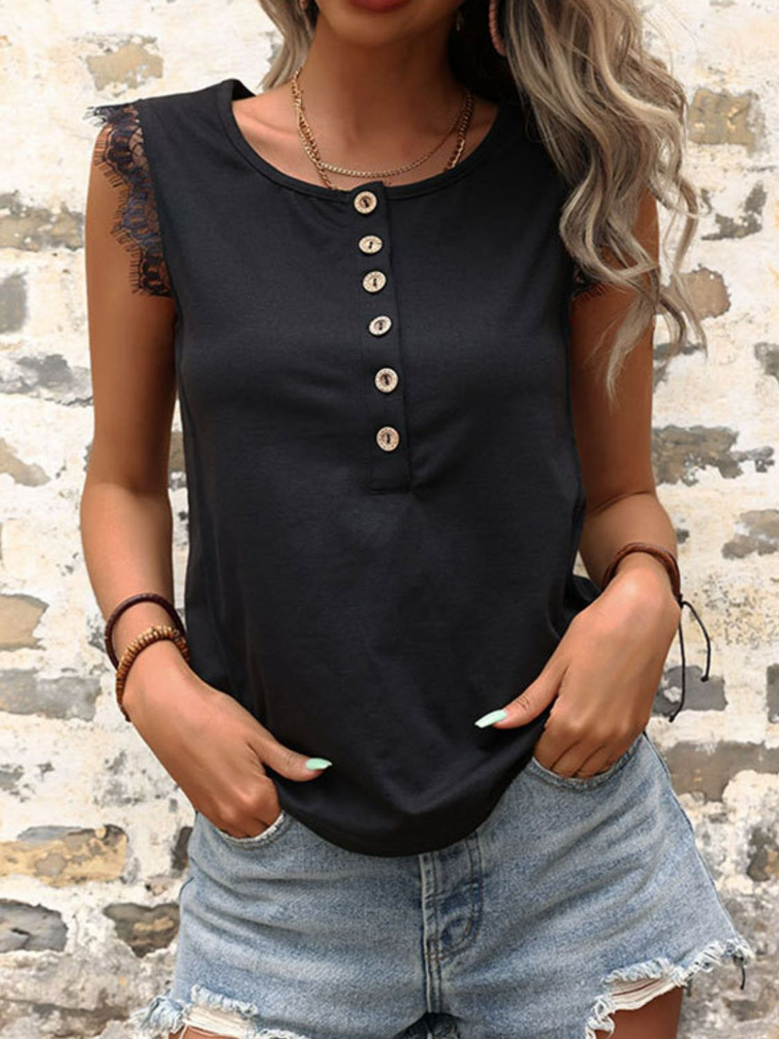 Half Button Up Lace Trim Sleeveless Top