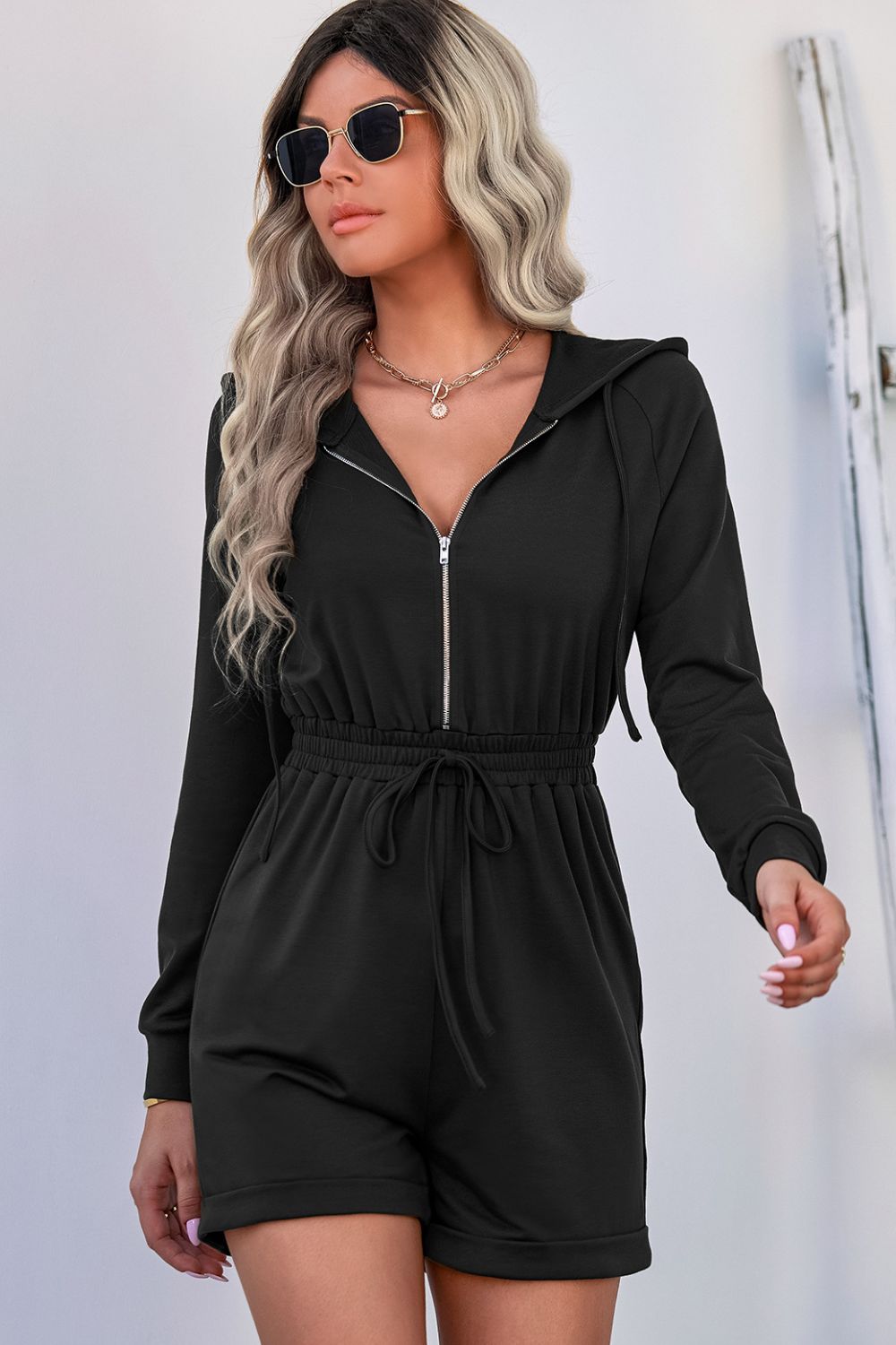 Zip Up Drawstring Detail Hooded Romper