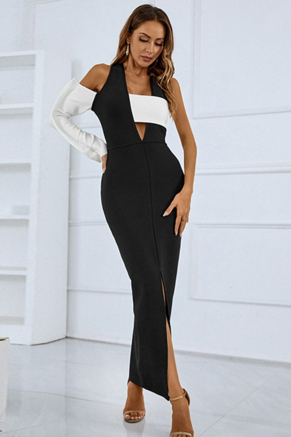 Two-Tone Grecian Split Maxi Dress