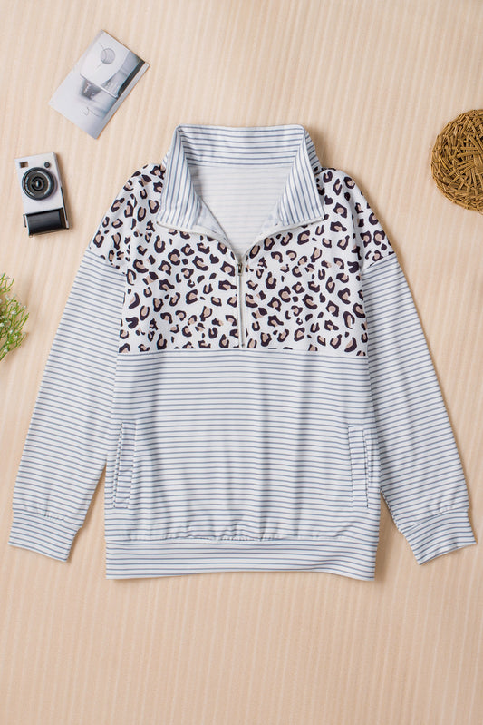 Leopard Striped Half-Zip Sweatshirt with Pockets